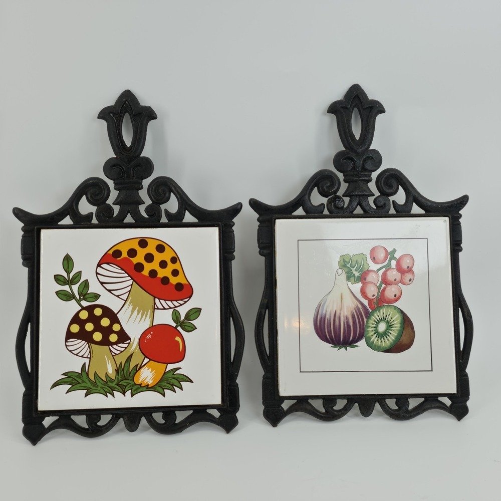 Merry Mushroom‎ Trivet & Fruit Trivet Pot Holder-Tile & Cast Iron-Sears Roebuck